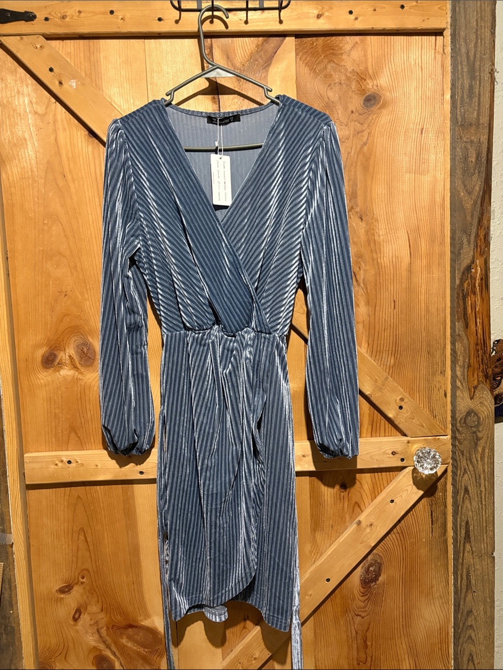 Simplee Apparel Dusty Blue Ribbed Velvet Wrap Dress - Long Sleeve